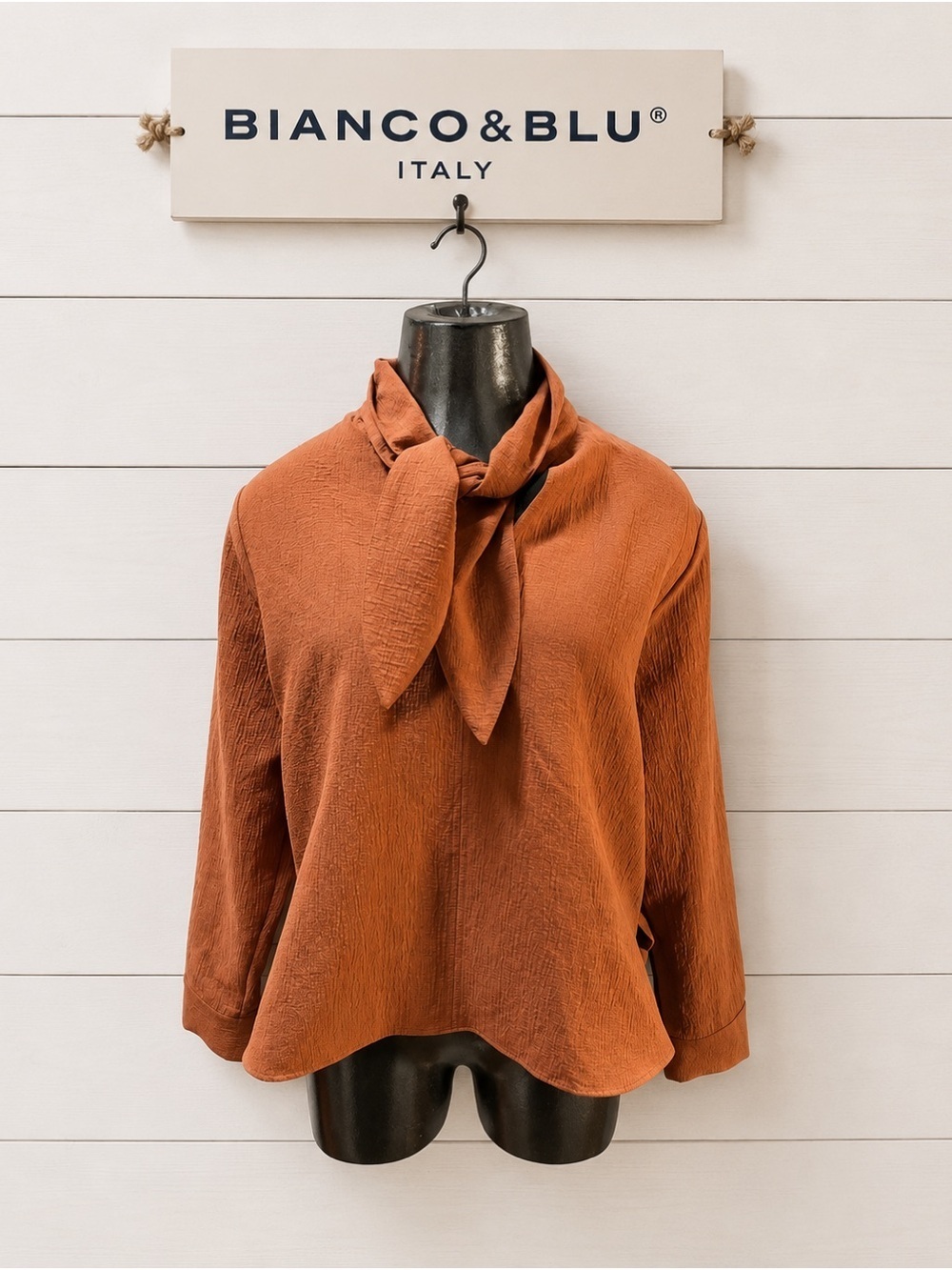BIANCO & BLU ITALY – Terracotta Tie-Neck Blouse (M)